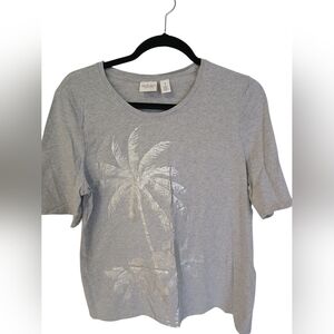 NWOT Chico's  Light Gray Short Sleeve Tee with Silver Rhinestones Palm Print